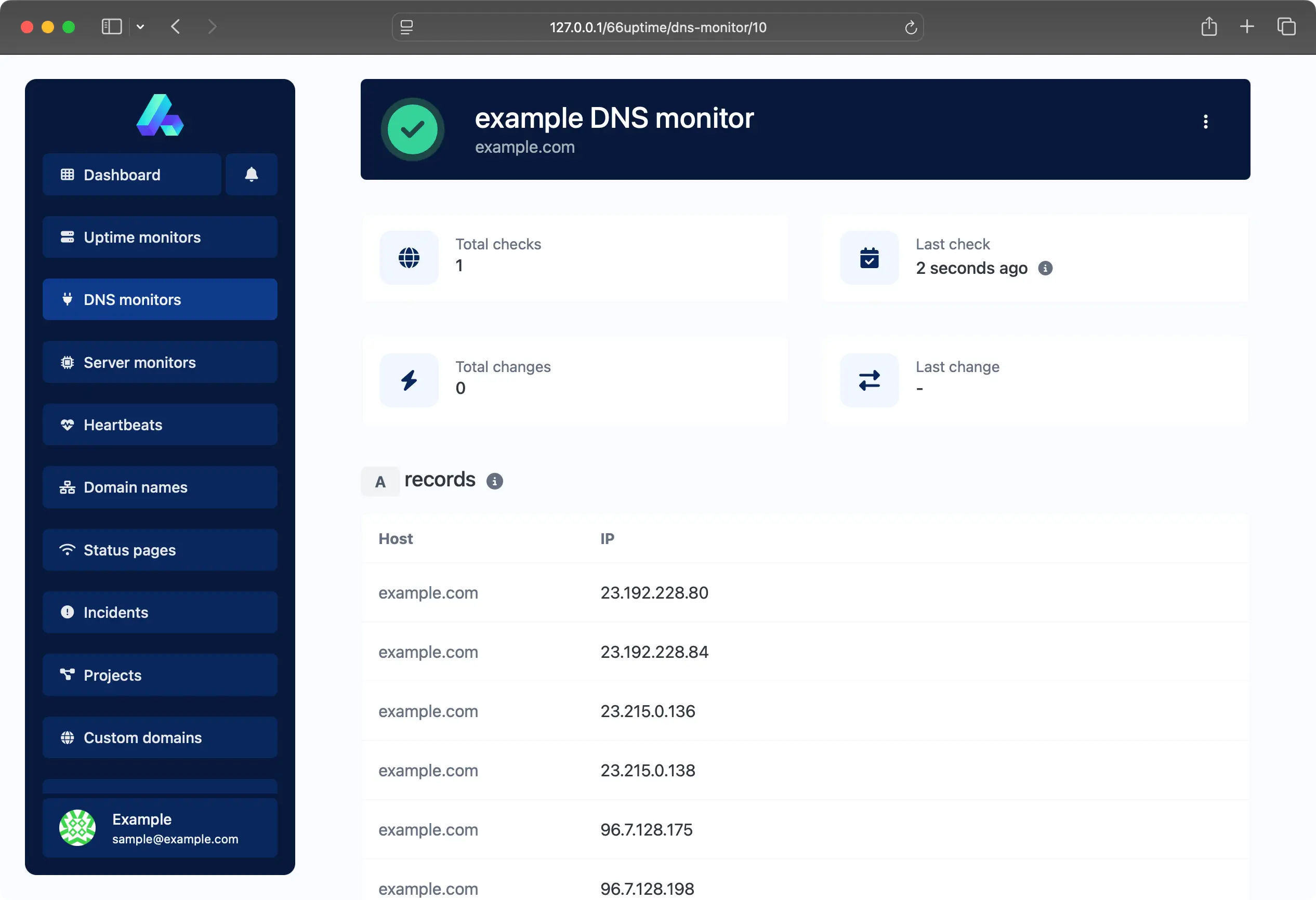 Screenshot of the app DNS monitor page